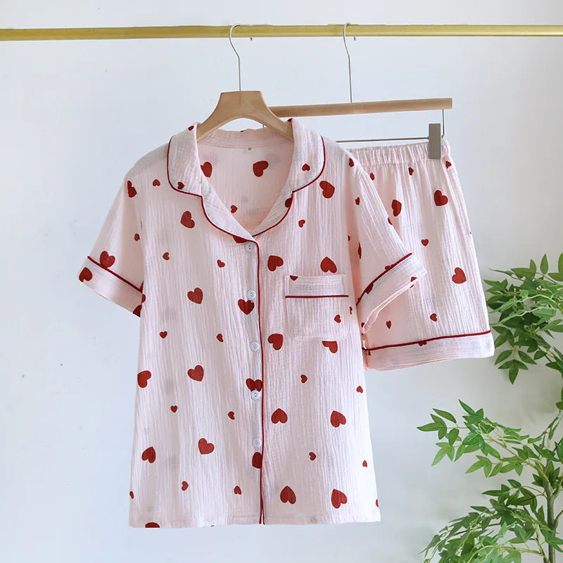 Summer pajamas short-sleeved shorts two-piece cotton crepe