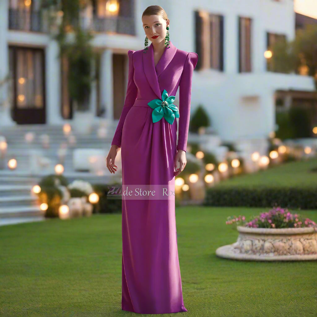 Formal Evening Dress Long Sleeves V Neck Flower Belt Sash Mermaid Dress