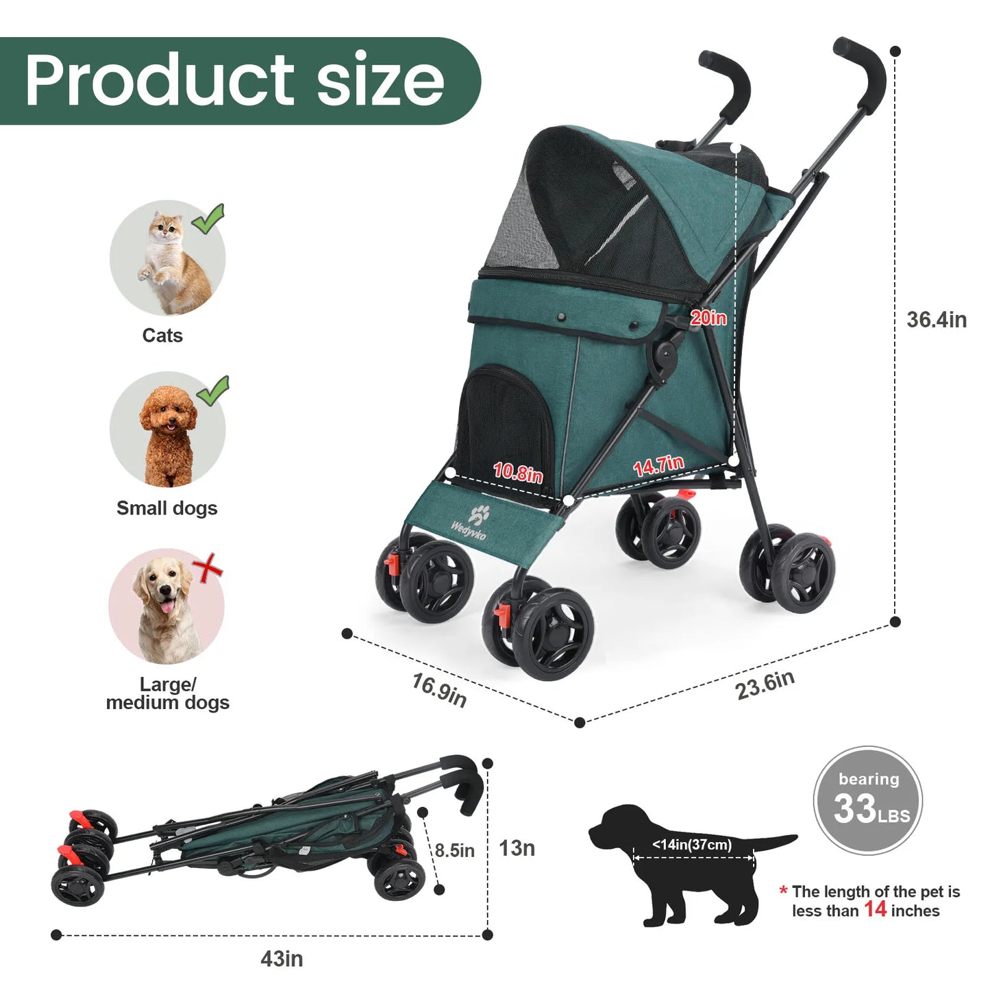 Lightweight Easy Travel Folding Puppy Stroller for Cat or Dog
