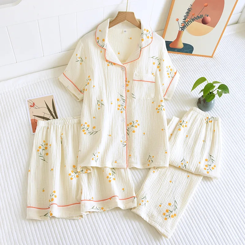 Summer women's cotton crepe three-piece short sleeve + shorts + trousers large size simple flower pajamas