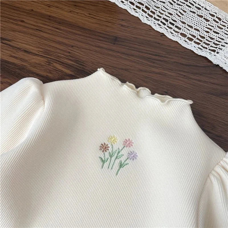 Girls Winter Warm Sweater with Puff Sleeve Flower Embroidery