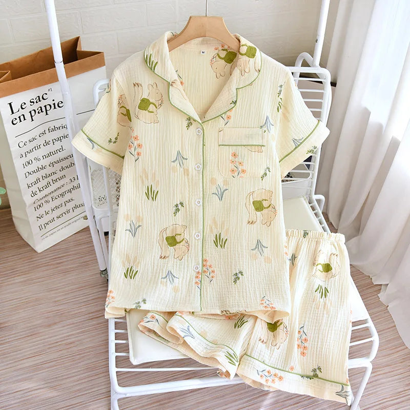Summer pajamas short-sleeved shorts two-piece cotton crepe