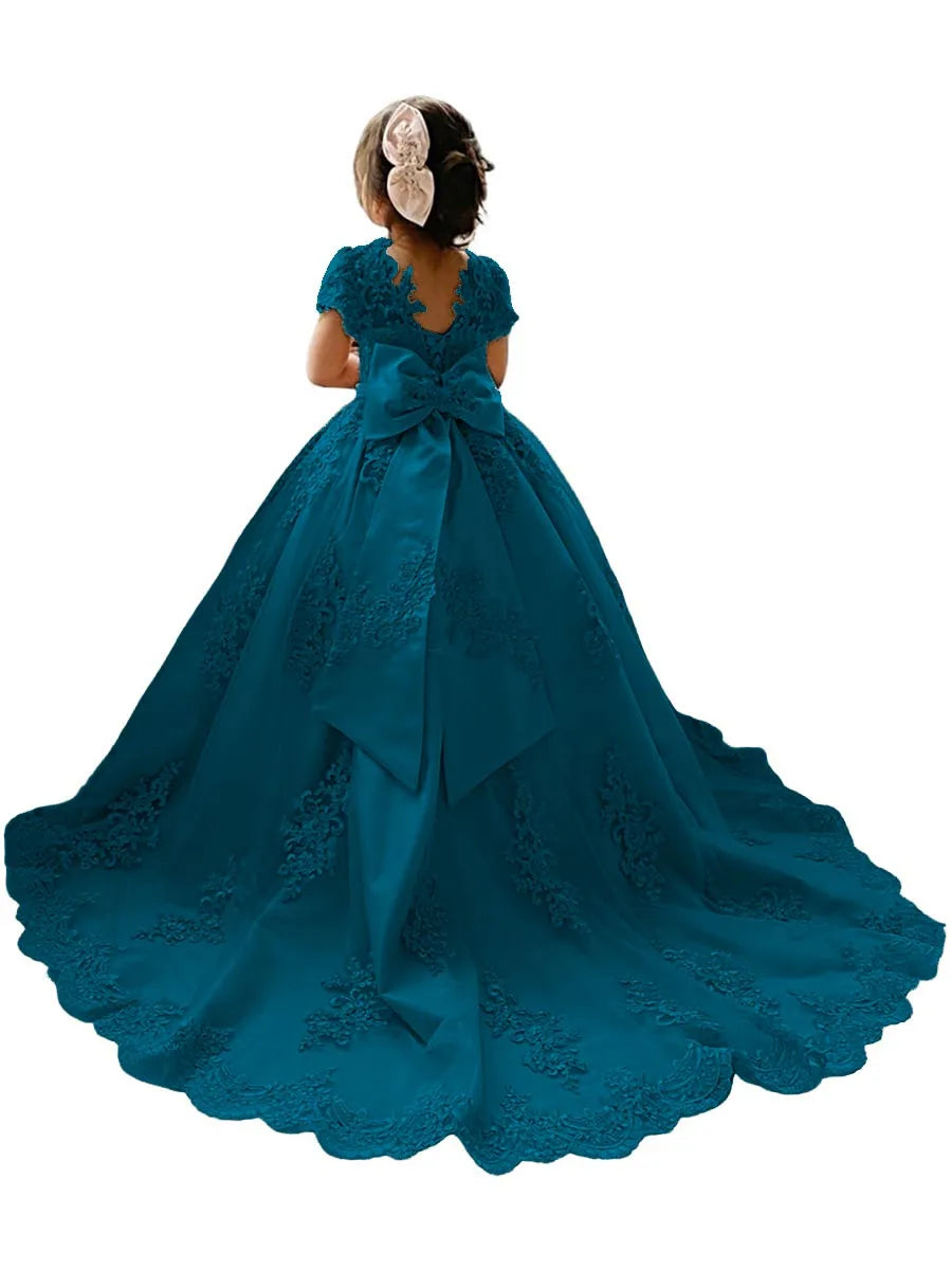Flower Girl Princess Dresses for Wedding Pageant With Bow-knot Beaded Appliques Long Train Party Gowns