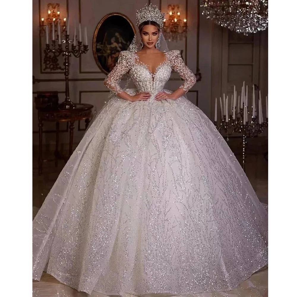 Luxury Elegant Wedding Dress V-Neck Long-Sleeve Lace Appliques A-Line Puffy Skirt Tulle Bridal Gown Customized