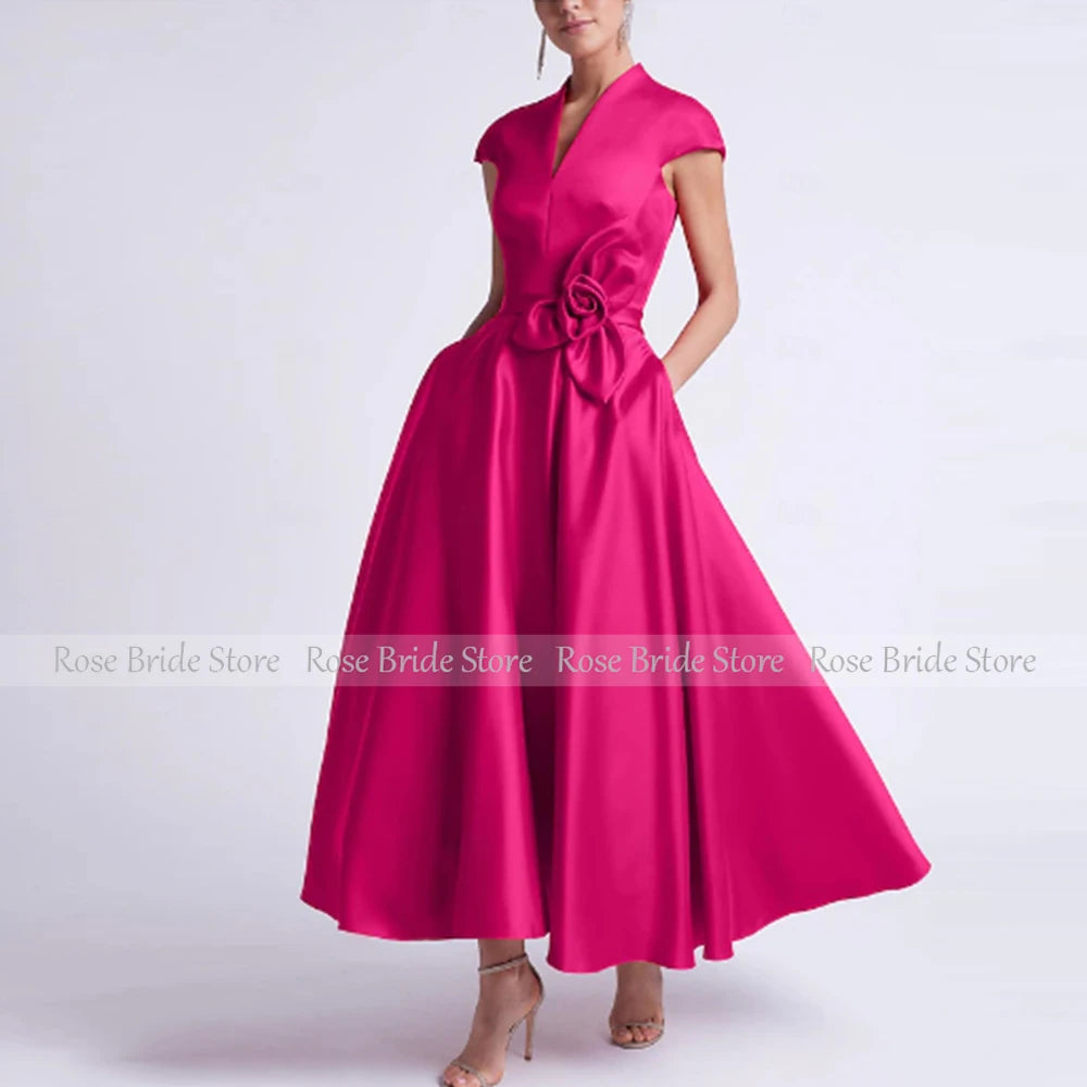 Elegant Women's Cocktail Party Satin Flower Handmade Gowns A-line