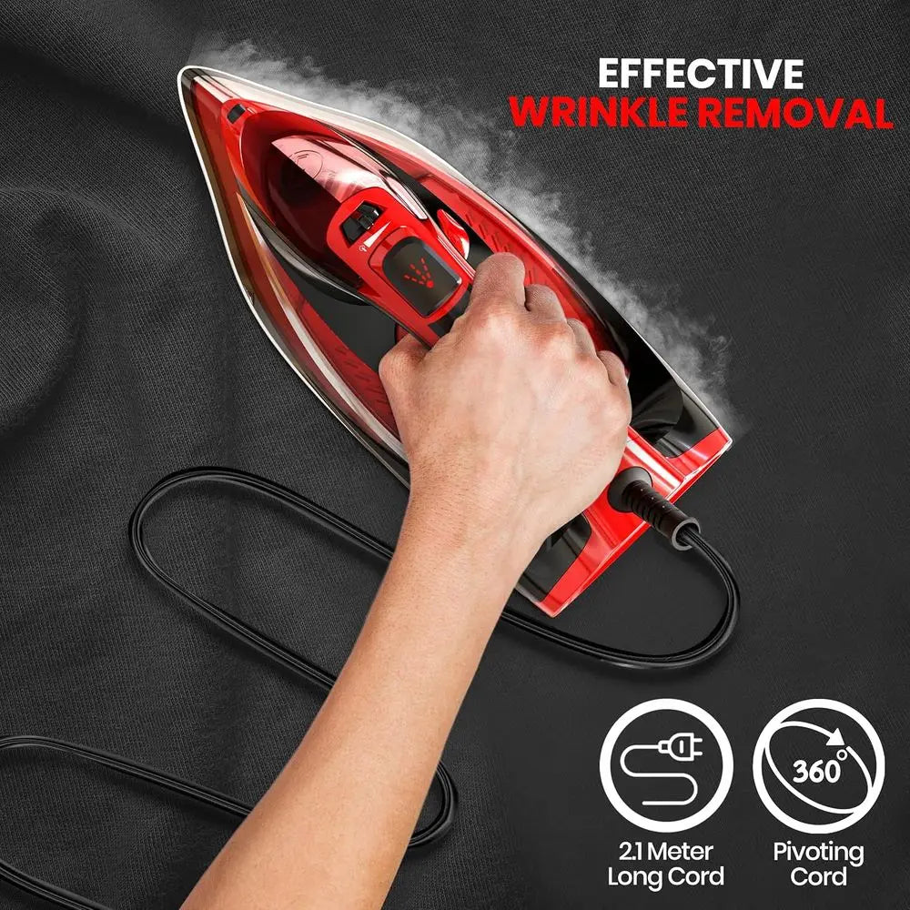 1800W Clothes Iron With Auto-Off Safety, Adjustable Temp Control, Variable Steam Control, Self-Clean, 8ft Cord (Black/Red)
