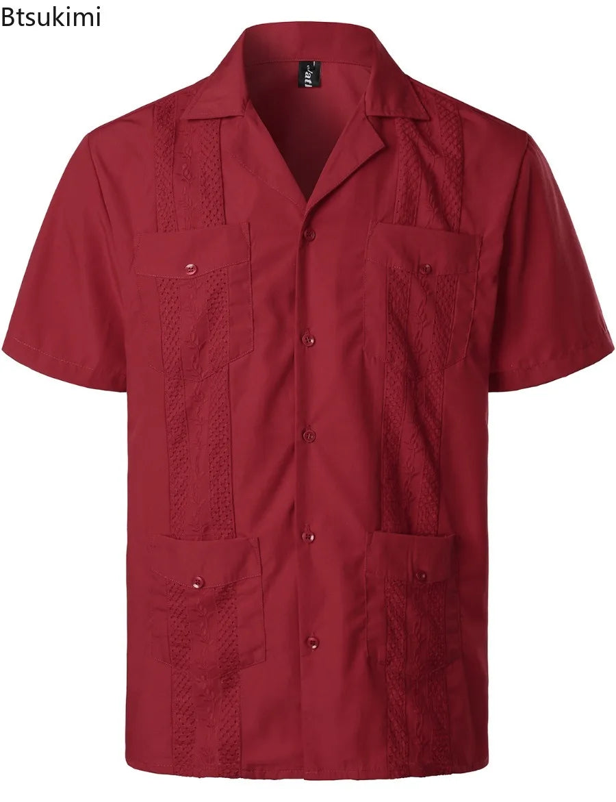 Men's Cuban Shirts Multiple Pockets Lapel Short Sleeves Cardigan