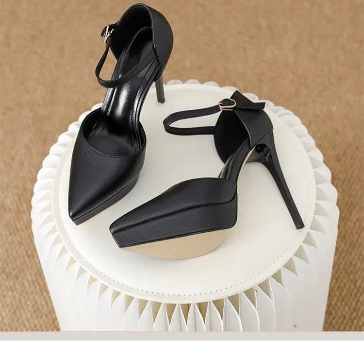 Ankle Straps Women's Sandals 12Cm Pointed Toe Platform Pumps Matte Leather Heels Size 33 42