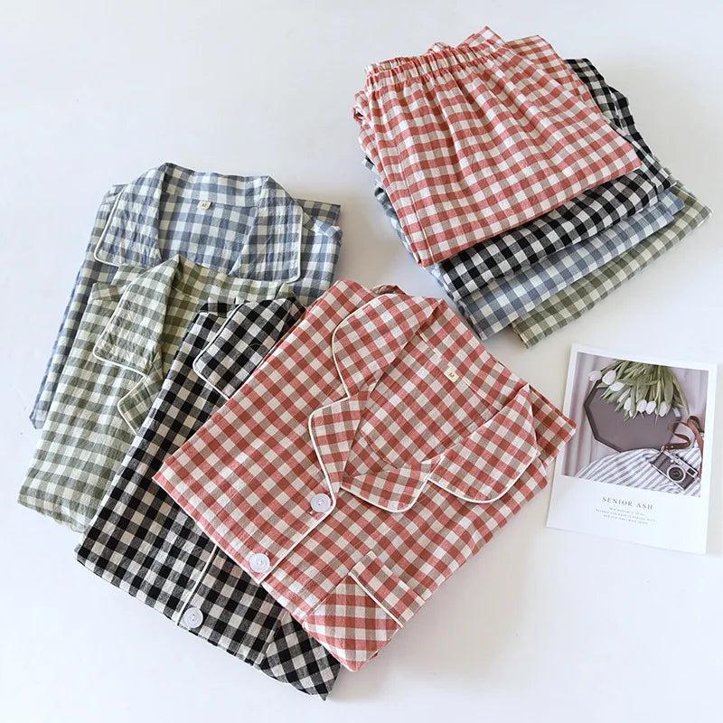 Spring and Autumn Unisex Pajama Set 100% Cotton Men's and Women's Plaid Long Sleeved Two Piece