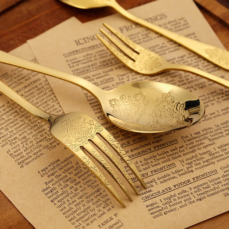 5Pcs Cutlery Set Stainless Steel Tableware Carving Golden Dinnerware