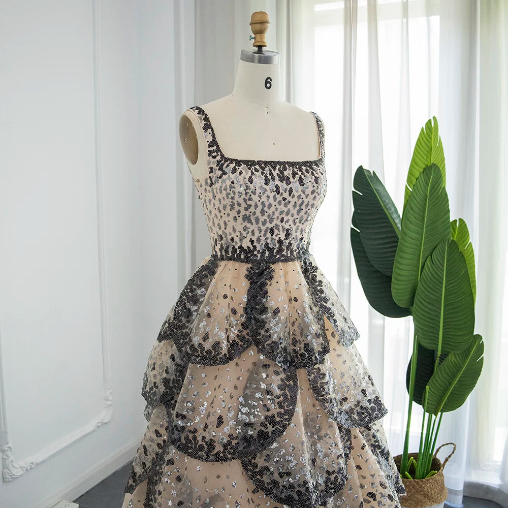 Customized Luxury Evening Sparkly Sparkly Sequin Tiered Ruffles Ball Gown Evening Dress