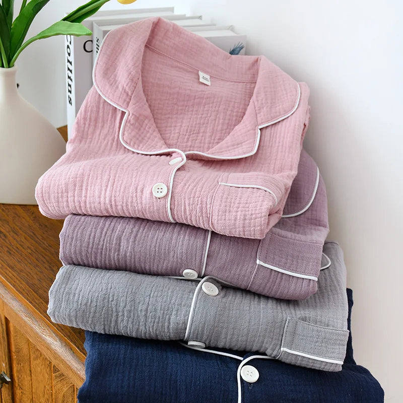Spring and Autumn Couple Pajamas Set 100%Cotton Crepe Long Sleeve Pants Two Piece Men's and Women's Large Size