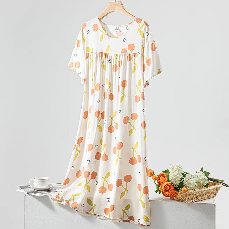 Summer Women Nightgown Short Sleeve Round Neck