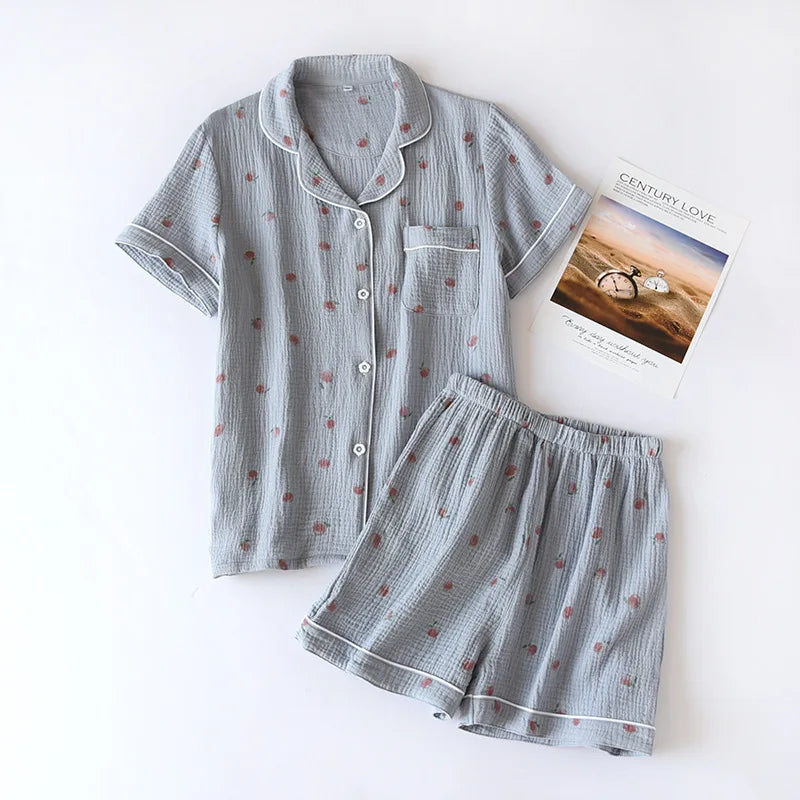 Summer pajamas short-sleeved shorts two-piece cotton crepe