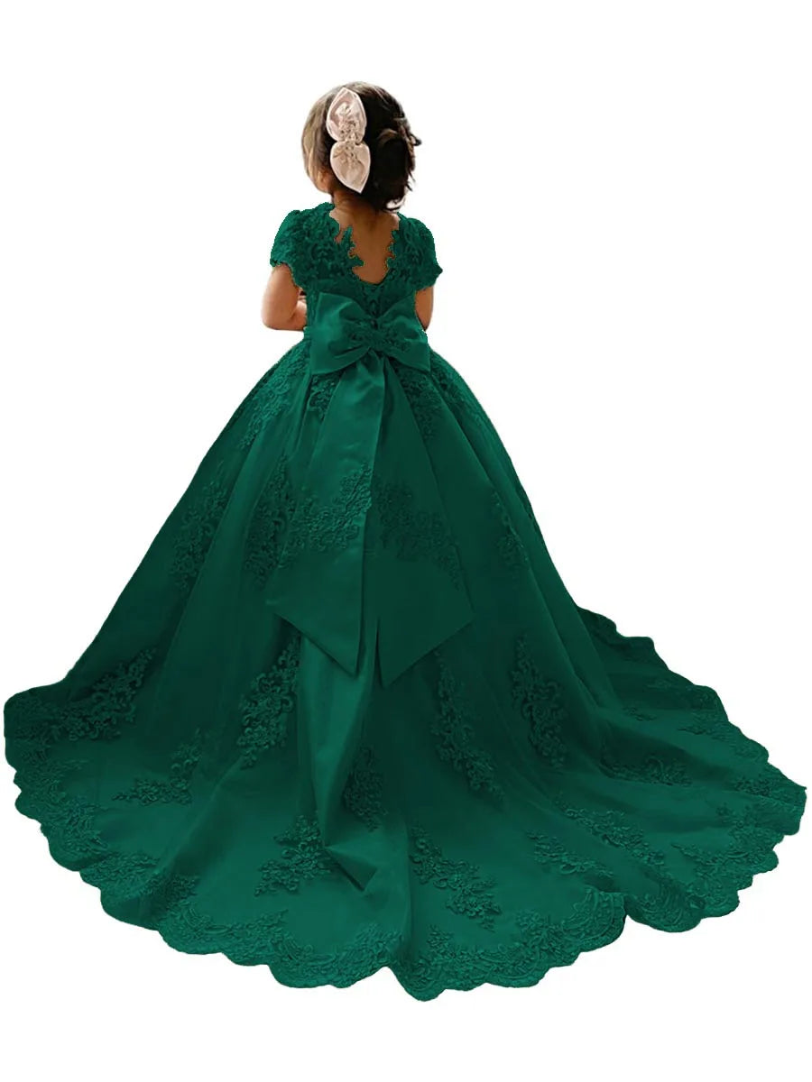 Flower Girl Princess Dresses for Wedding Pageant With Bow-knot Beaded Appliques Long Train Party Gowns