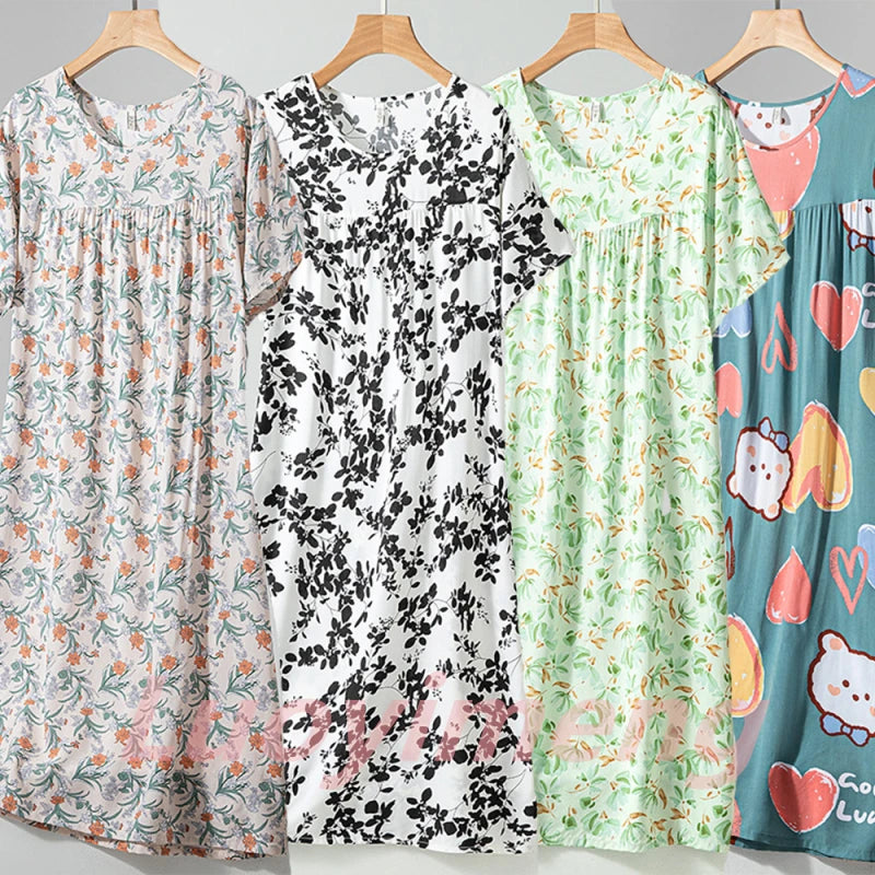 Summer Women Nightgown Short Sleeve Round Neck