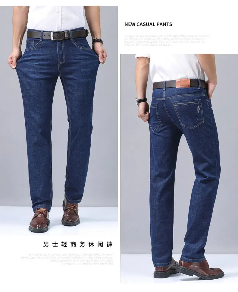 Summer Thin Men's Elastic Cotton Blue Jeans Comfortable Straight Casual Wear Pants