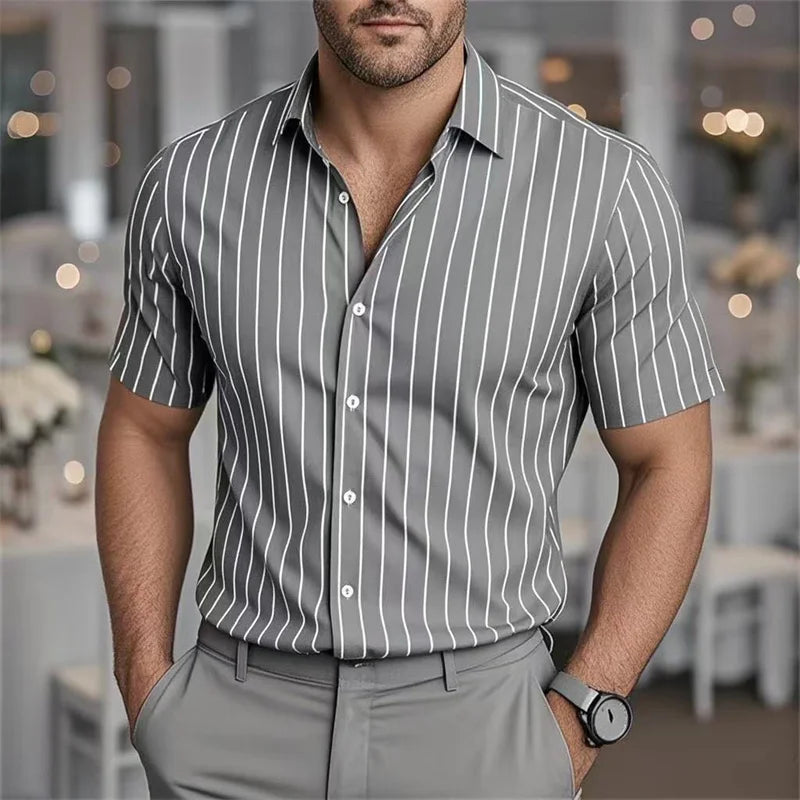 Men's Fashion Striped Loose Short Sleeve Shirt Casual Breathable Lapel Button Shirt Soft and Comfortable