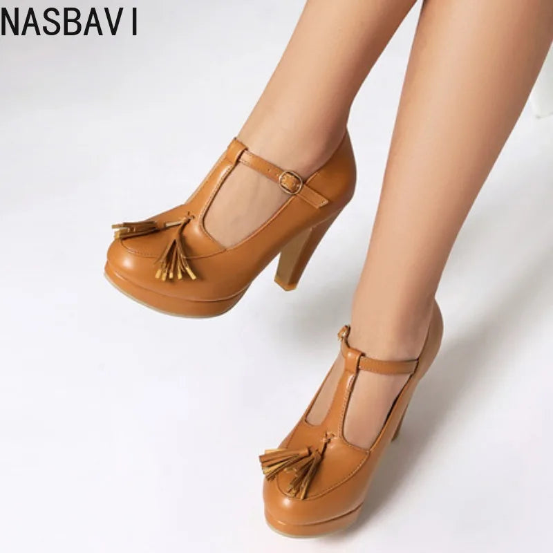 NASBAVI Fashion Female Pumps Round Toe Chunky Heels 9cm Platform 1.5cm Buckle T-Strap Tassels Plus Size 46 47 48 Sexy Shoes