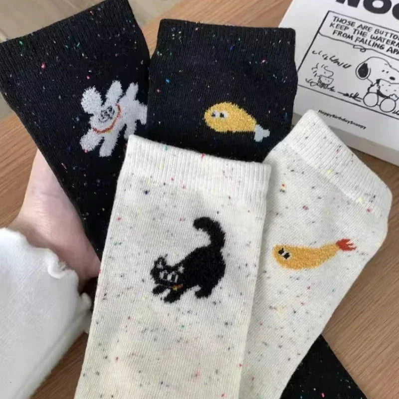 1/2pairs Cartoon Cat Fish Pattern Middle Tube Socks Soft Thermal Warm Crew Sock