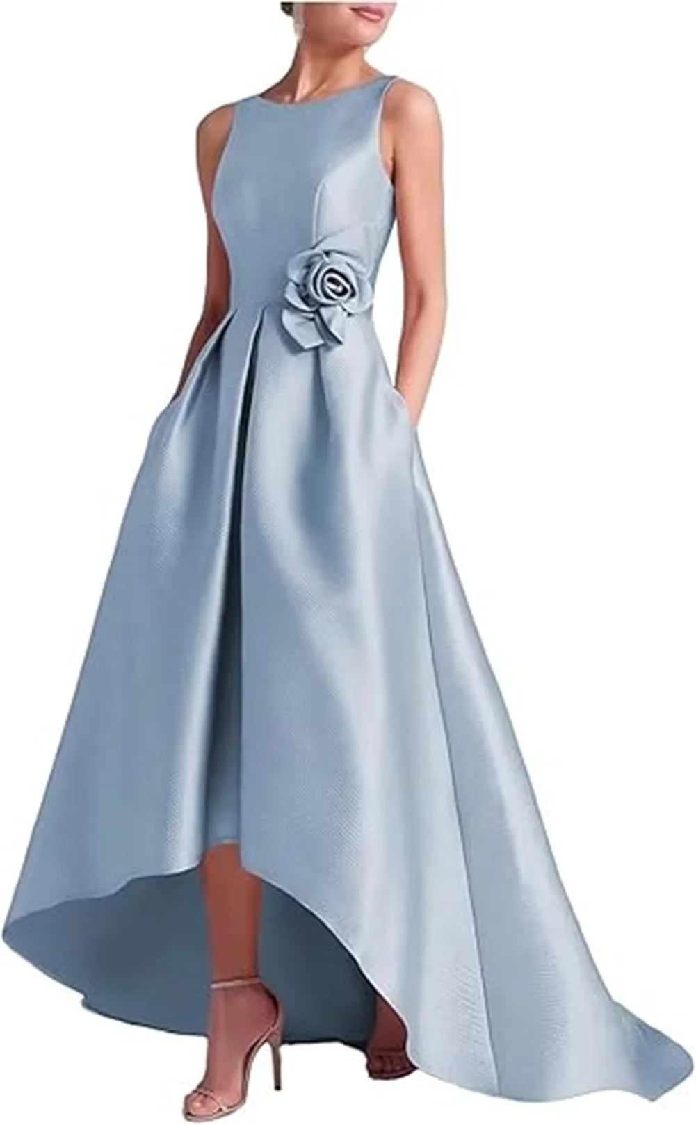 Customized High Low Satin Dresses Wedding Guest Mother of the Bride With Pocket Sleeveless Party Evening Gown