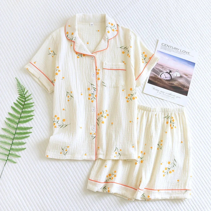 Summer women's cotton crepe three-piece short sleeve + shorts + trousers large size simple flower pajamas