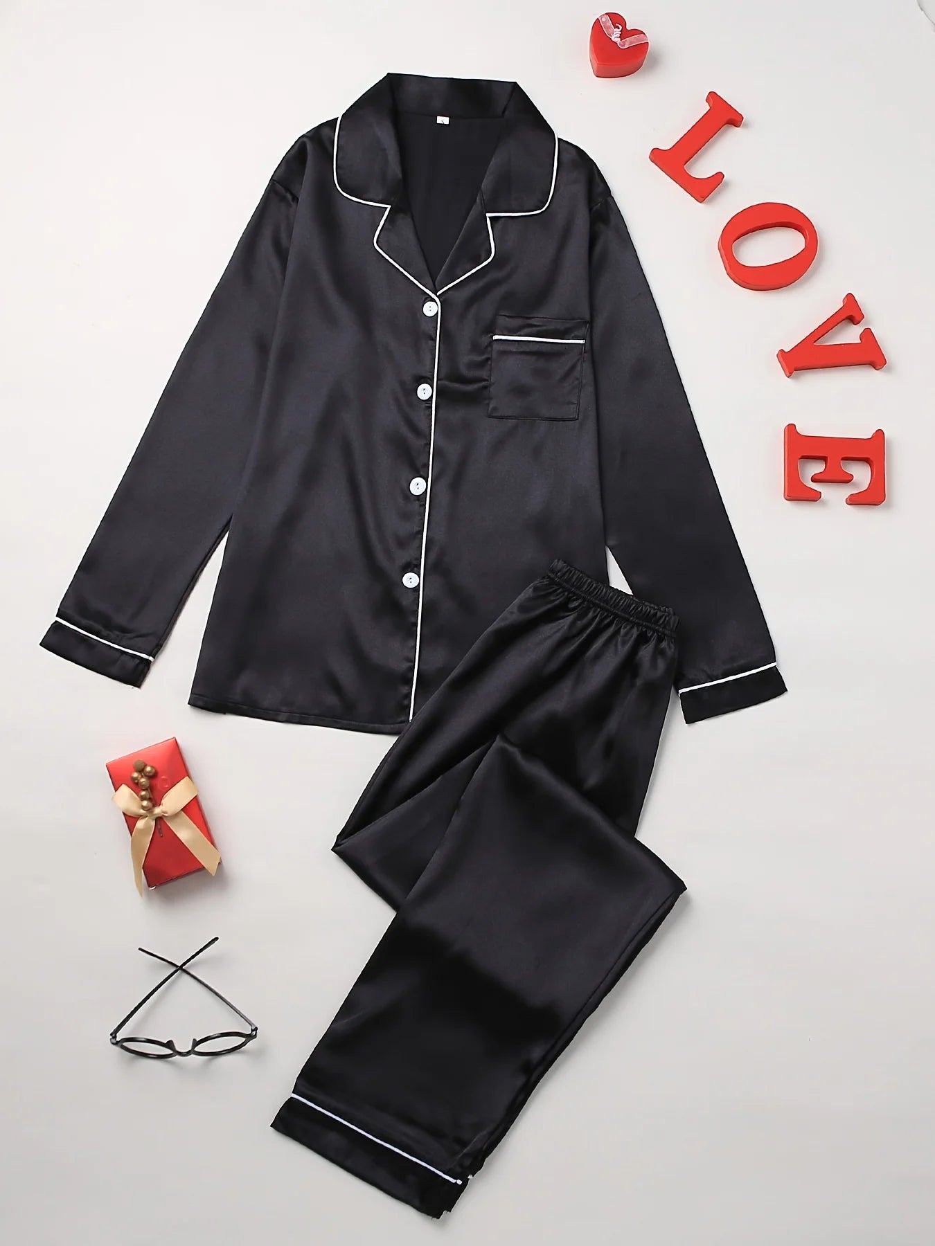 Women Solid Pajama Set Long Sleeve Button Up Lapel Top & Pants
