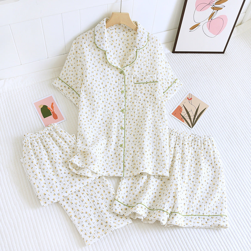 Summer women's cotton crepe three-piece short sleeve + shorts + trousers large size simple flower pajamas