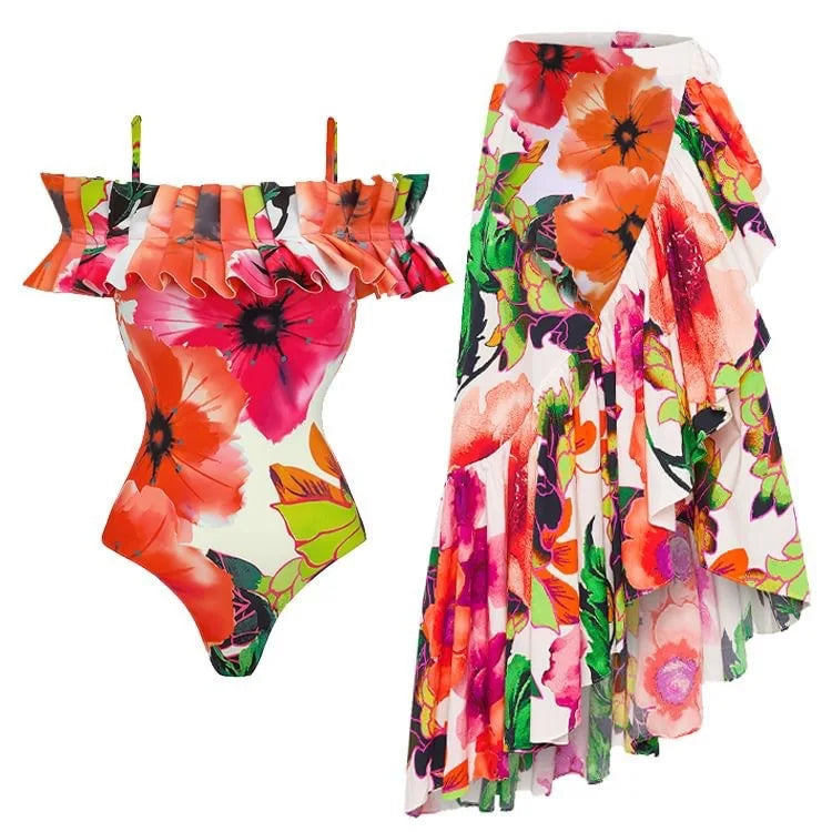 2-Piece Women Brazilian Floral Printed Ruffle Bikinis Strappy Bandage Swimwear