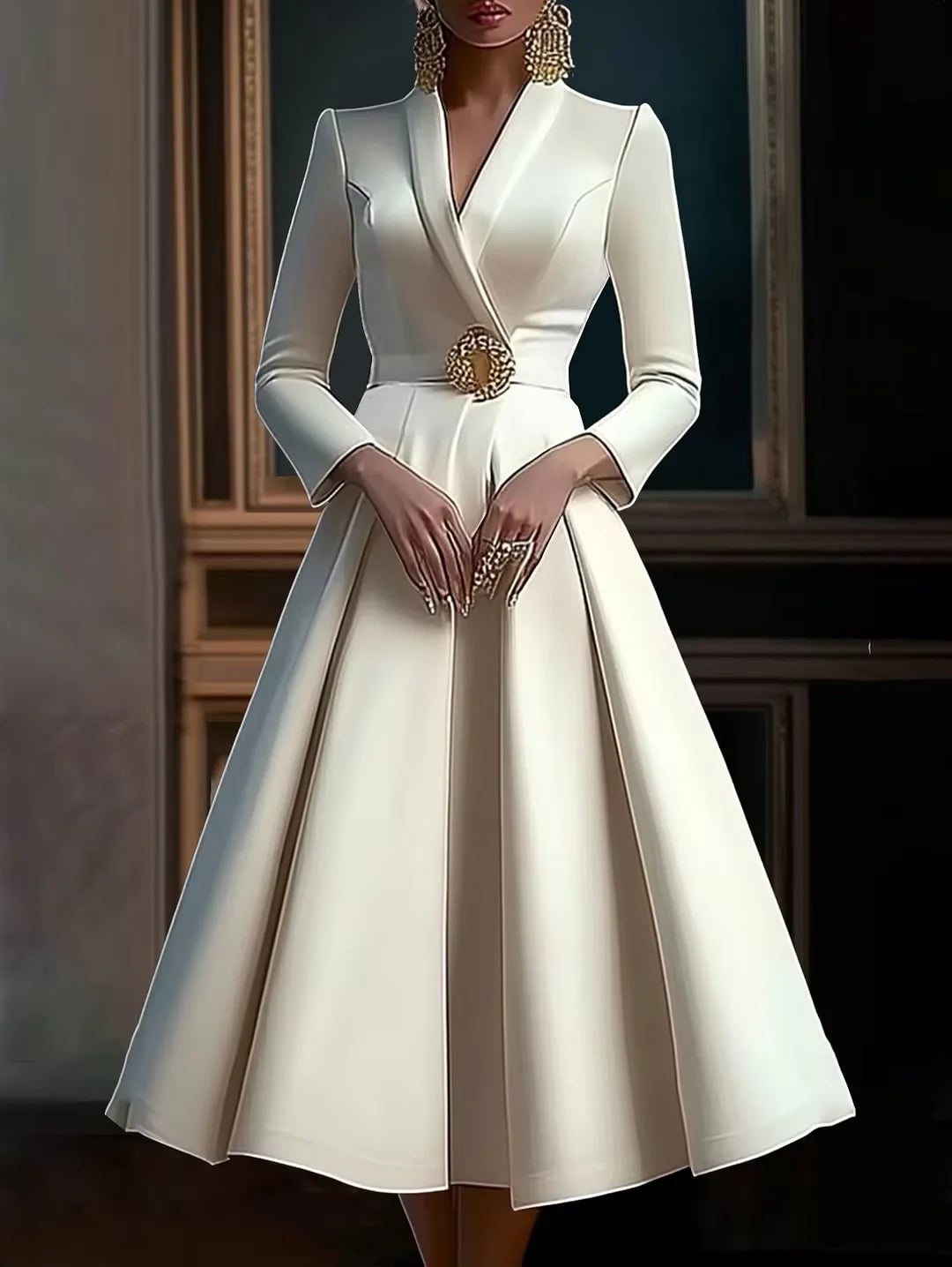 Elegant Evening Women's Party Dress Wrap V Neck Long Sleeve Pleated Midi Dress