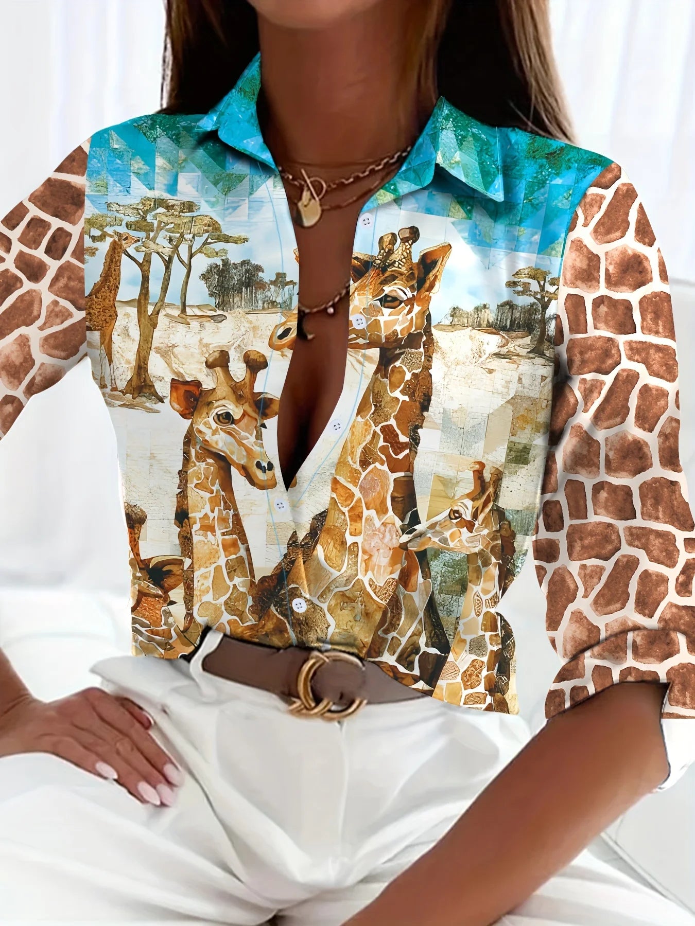Elegant Printed Pattern Button Long Sleeve Women's Shirts