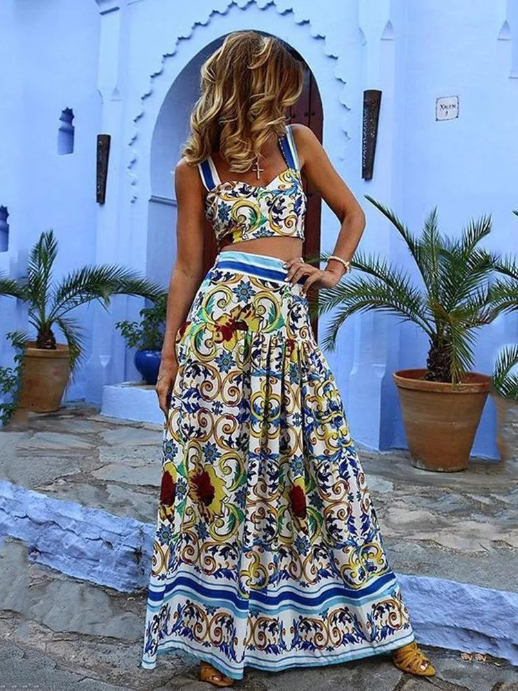 Bohemian Summer Style Two Piece Print A-Line Skirt & Camisole