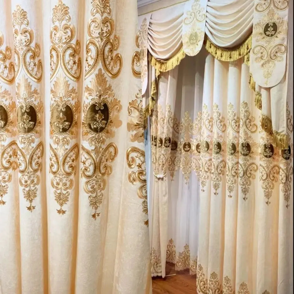 European Beige Embroidered Chenille Valance Customizable Luxury Curtain for Living Room Bedroom Dining Room