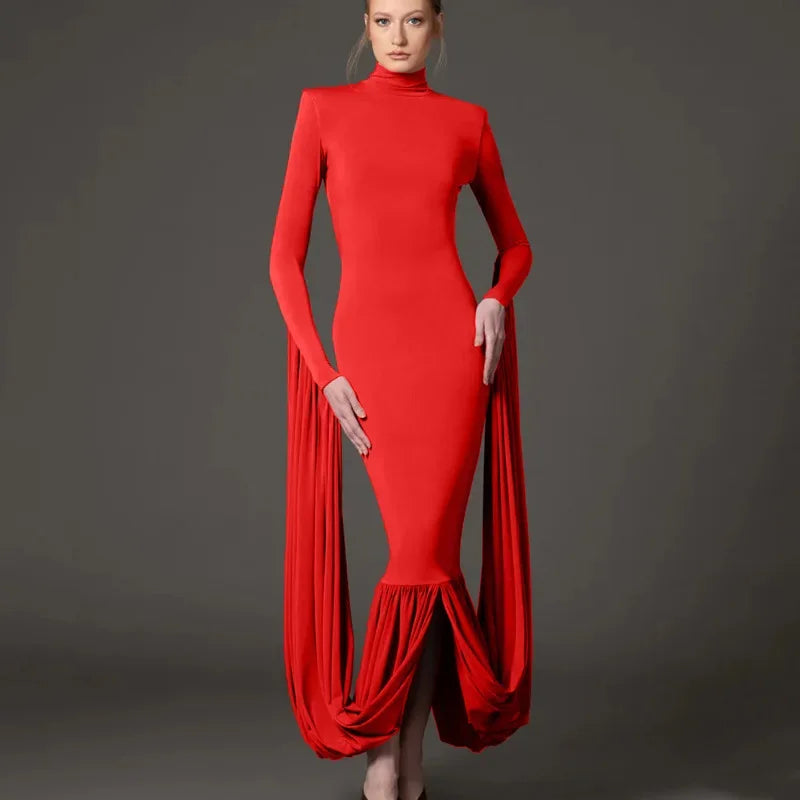 Elegant Women Sexy Long Sleeve Slim Fit Dress High Collar Knee Length