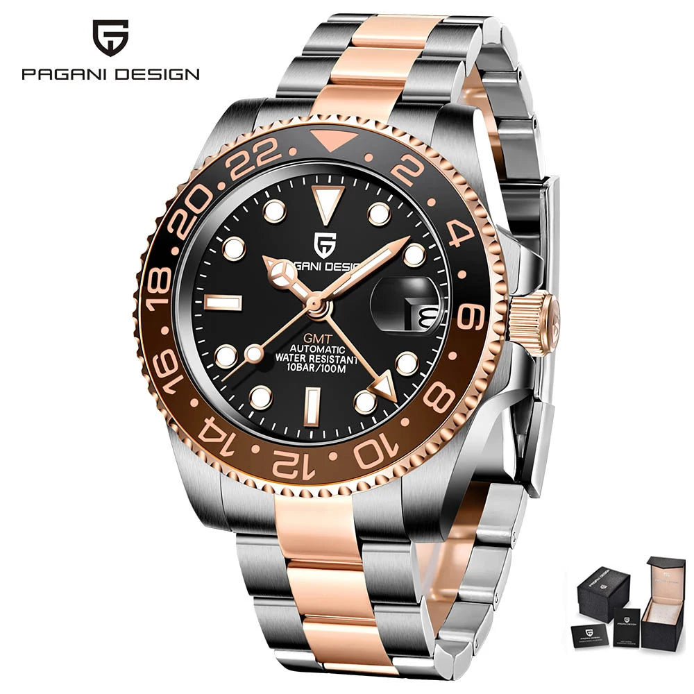 Luxury GMT Men's Mechanical Wristwatch Sapphire Glass Stainless Steel 100M Waterproof Automatic