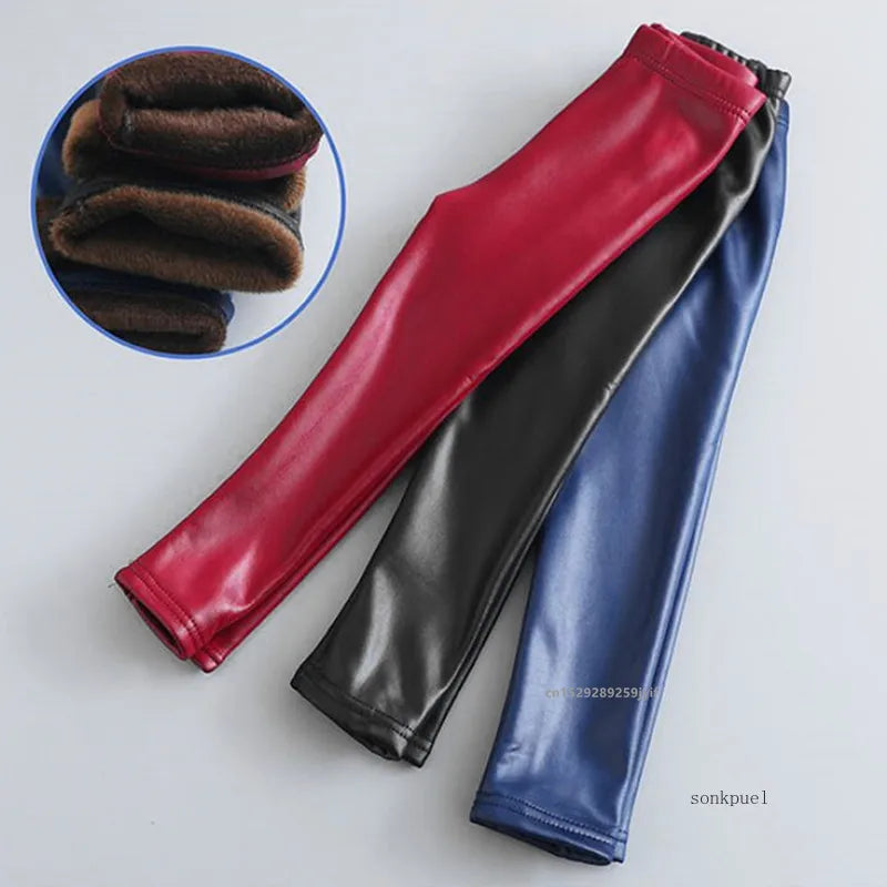 Girls Warm Trousers Faux PU Leather Legging Slim Pants