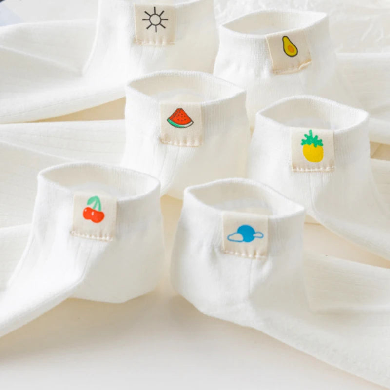 6 Pairs Women Cotton Breathable Short Socks Cartoon Fruit Sun Earth