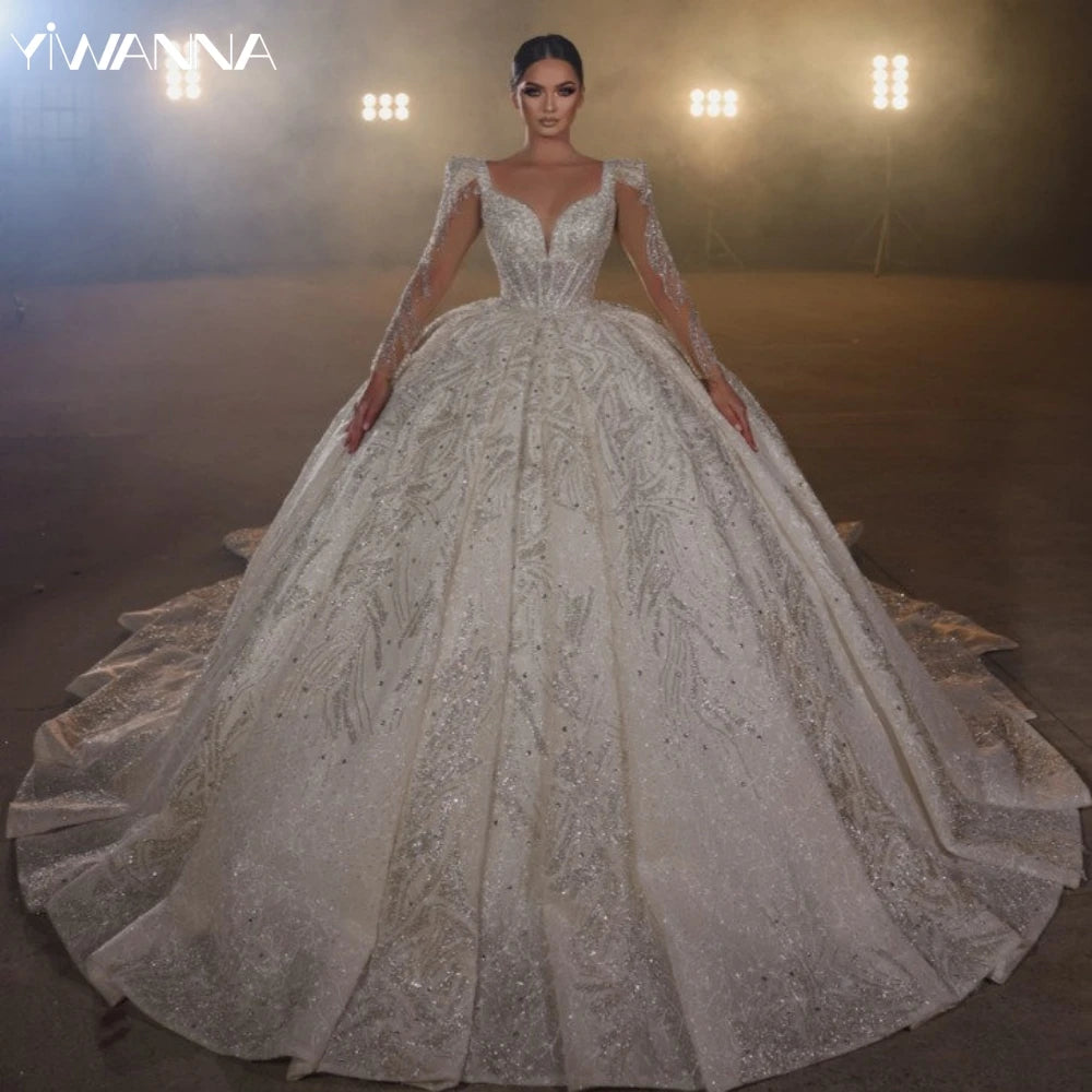 Luxury Organza Beaded Wedding Ball Gown Dress Long Sleeve