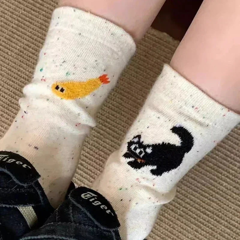 1/2pairs Cartoon Cat Fish Pattern Middle Tube Socks Soft Thermal Warm Crew Sock