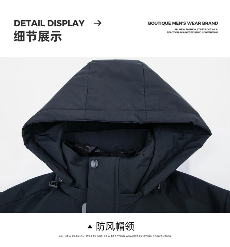 Men's Thick Winter Parka with Big Hood Warm Water/Windproof Casual Jacket White Duck down Filling Zip Closure Long Style