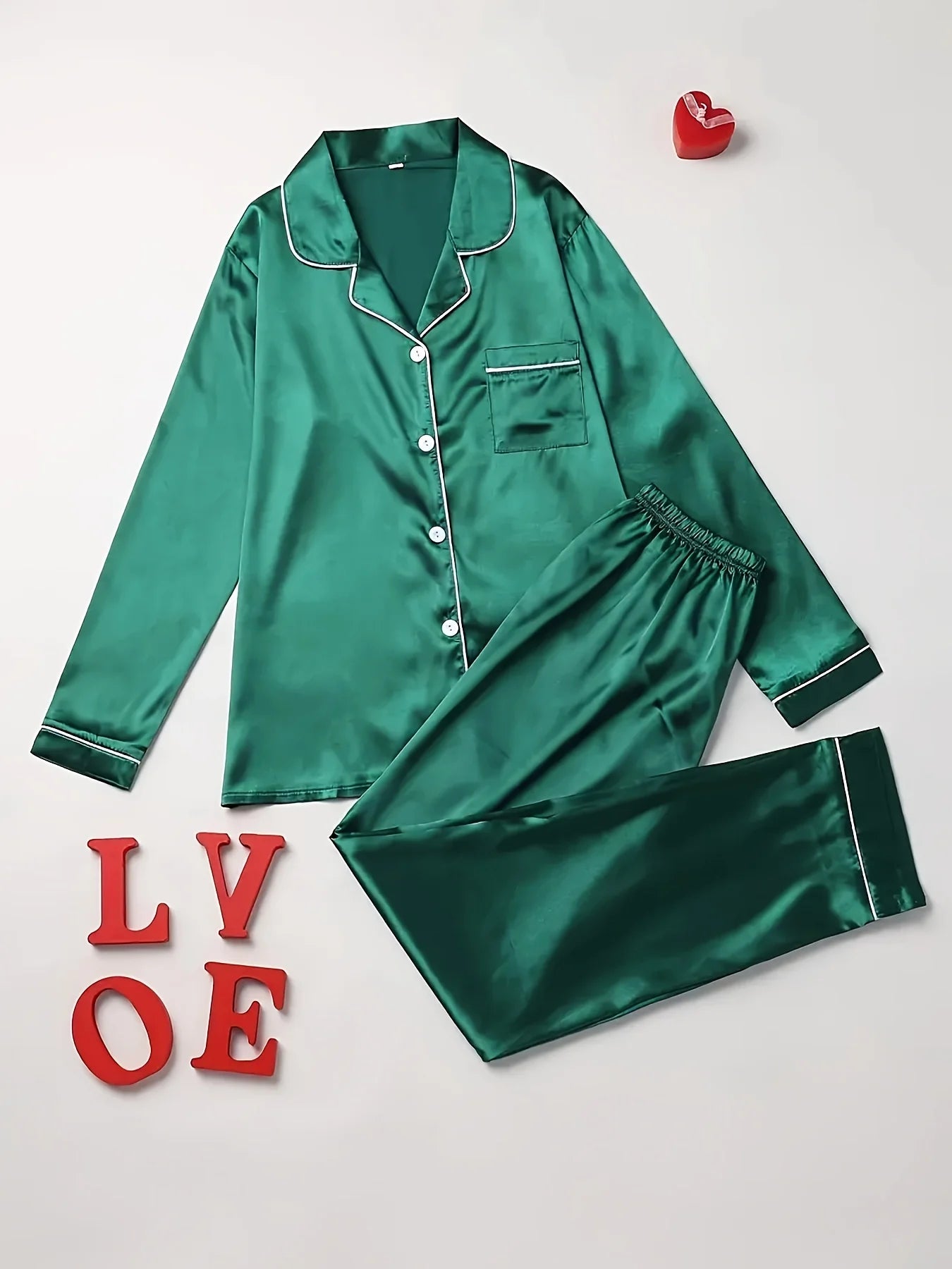 Women Solid Pajama Set Long Sleeve Button Up Lapel Top & Pants