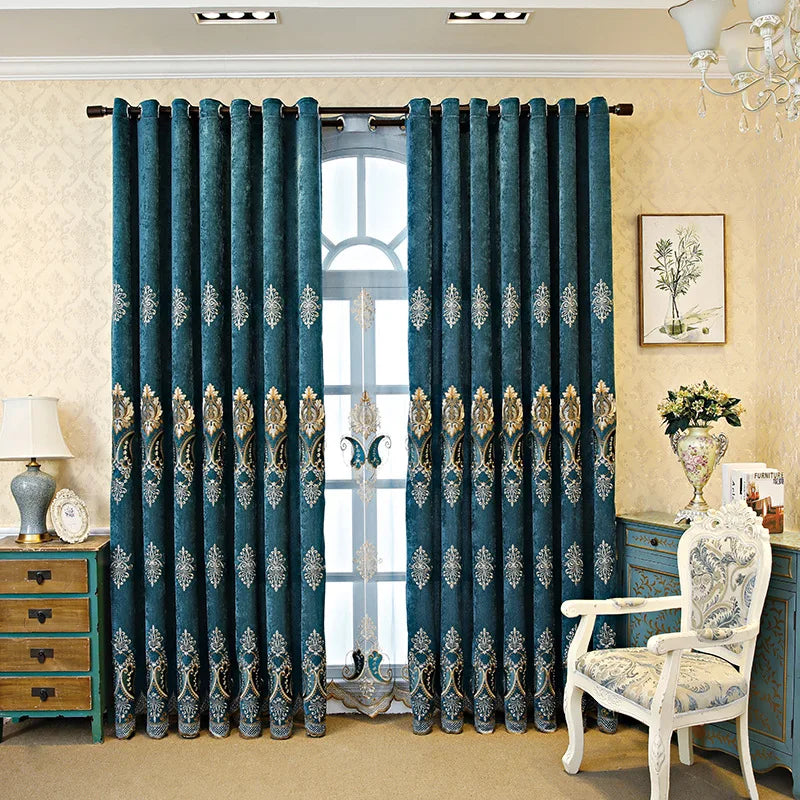 Thickened Blue Embroidery Chenille Shading Curtains for Living Room Bedroom Partition Curtain