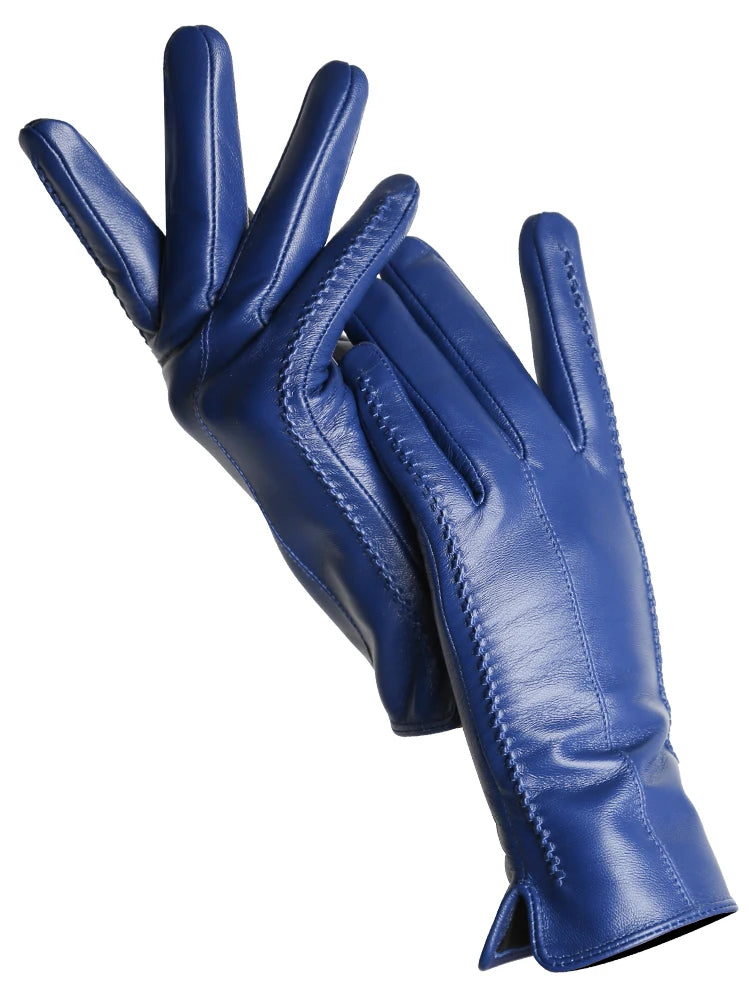 Women's Leather winter warm gloves with velvet thin touch screen