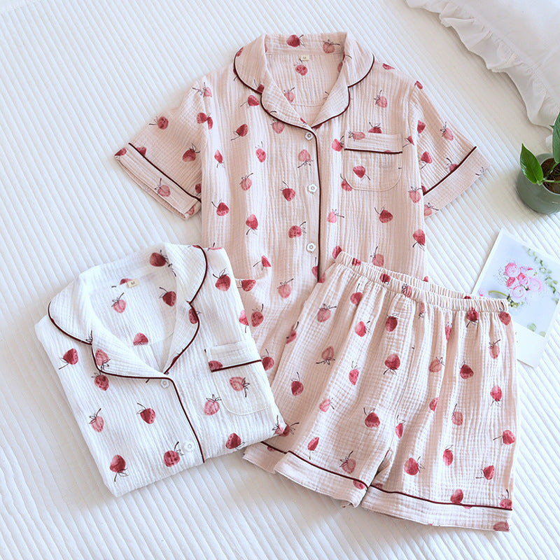 Summer pajamas short-sleeved shorts two-piece cotton crepe