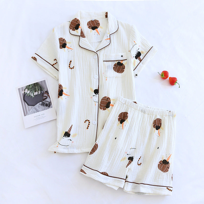 Summer pajamas short-sleeved shorts two-piece cotton crepe