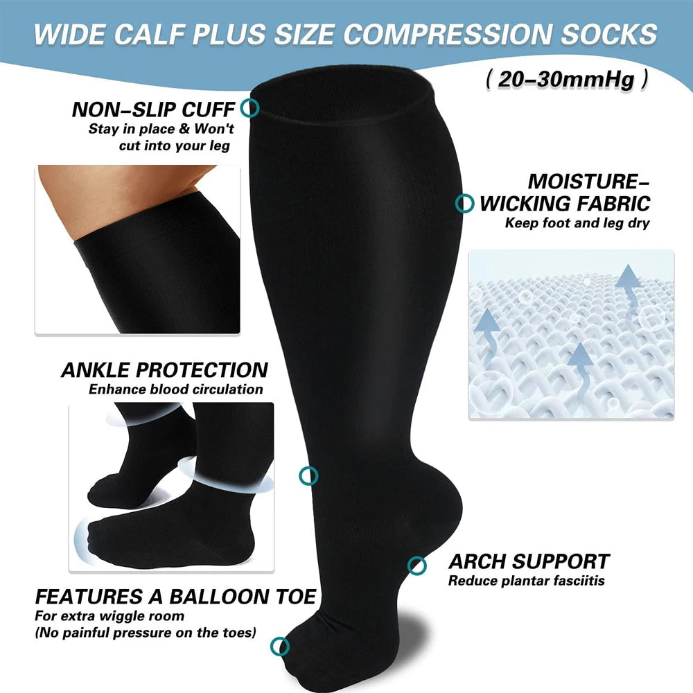 1 Pair 2XL-7XL Large Size Compression Socks for Women and Men 20-30 MmHg Wide Calf Knee Stockings for Sports Running Yoga