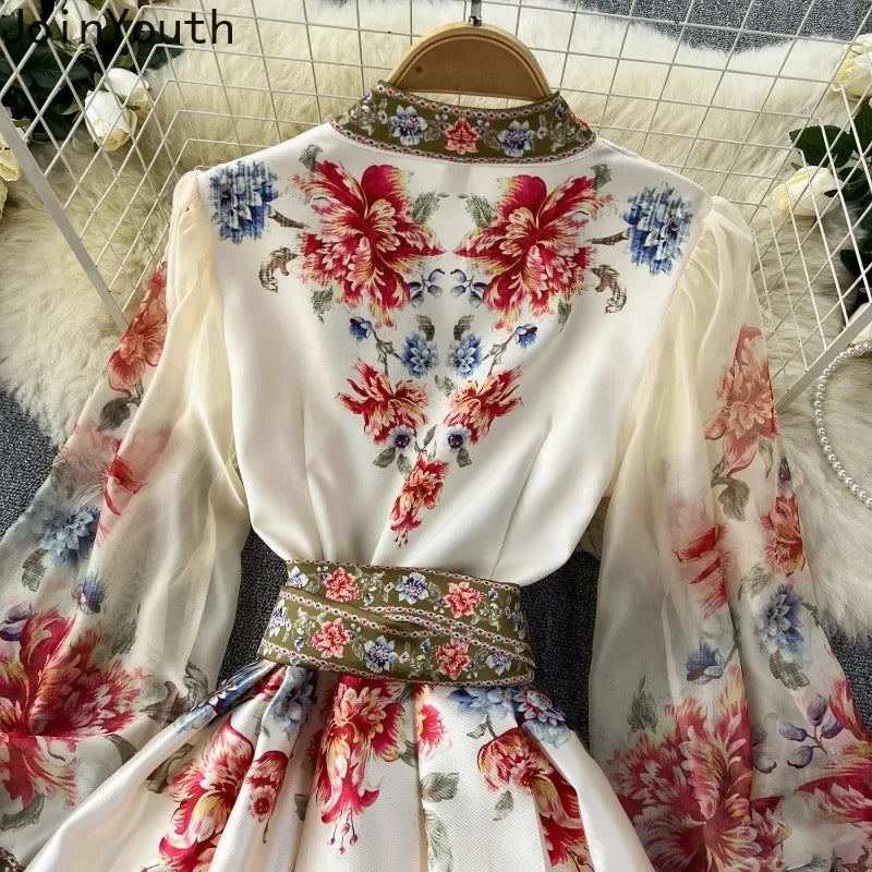 Elegant Women Floral Maxi Slim Waist Dress
