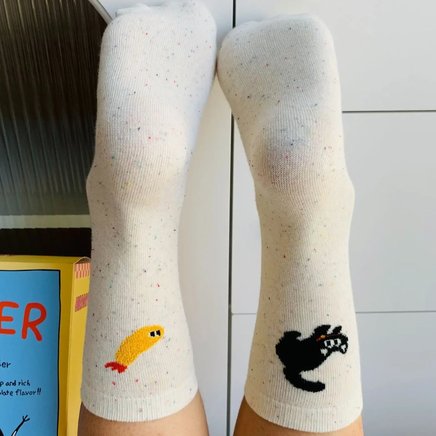 1/2pairs Cartoon Cat Fish Pattern Middle Tube Socks Soft Thermal Warm Crew Sock