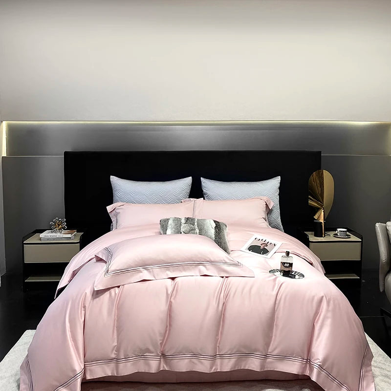 Luxury Three-line Embroidery Solid Color 1000TC Egyptian Cotton Bedding Set Duvet Cover Bed Sheet/Fitted Sheet Pillowcases 4Pcs