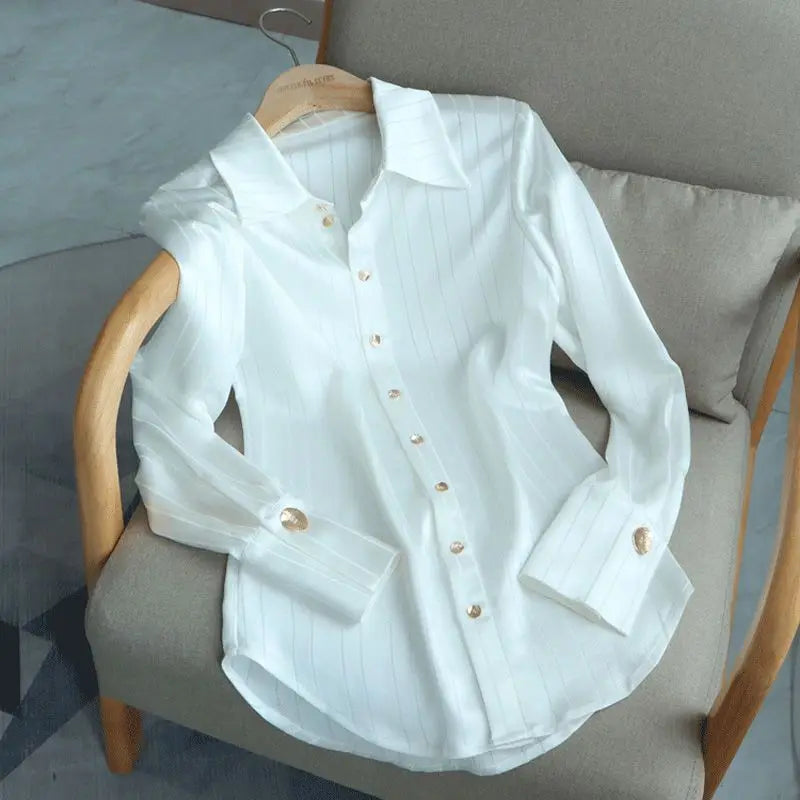 White Striped Shirt For Women's Single Breasted Loose Fitting Shirt